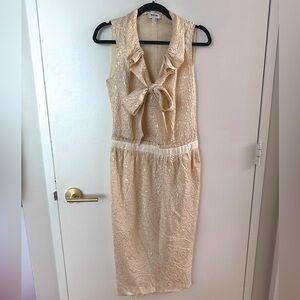 RARE Moschino Metallic Gold 60s style dress w/ bow and debossed pattern Sz 8